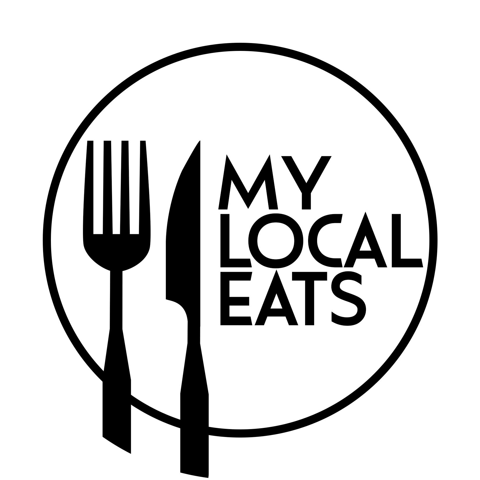 A circular black and white logo with a fork and knife on the left, and the words 'My Local Eats' on the right.
