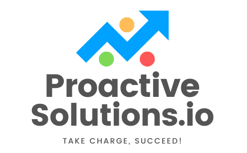 Logo for ProactiveSolutions.io featuring a blue upward arrow with orange, green, and red dots, and the tagline 'Take charge, succeed!'