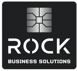 Logo for ROCK Business Solutions featuring a stylized chip or circuit design above the word ROCK.