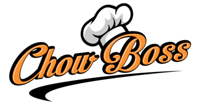 Logo with the words 'Chow Boss' in orange cursive font and a white chef's hat above the text on a black background.