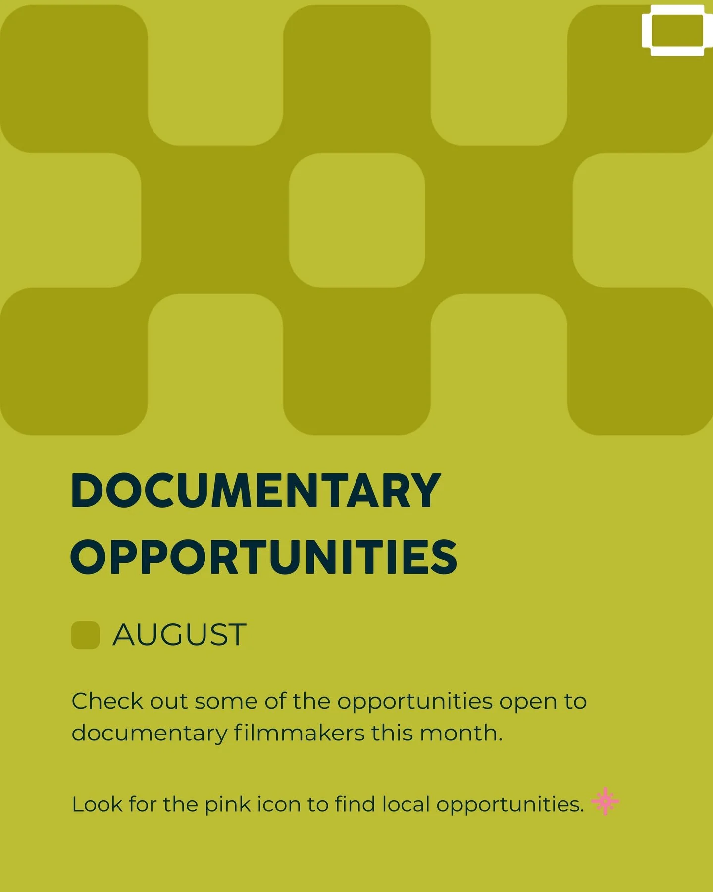 August documentary opportunities are here.

We rounded up a few grants, labs, festival deadlines, awards, and local events open to documentary filmmakers this month.

Look for the pink icon to find opportunities based in Seattle, Washington, or the P