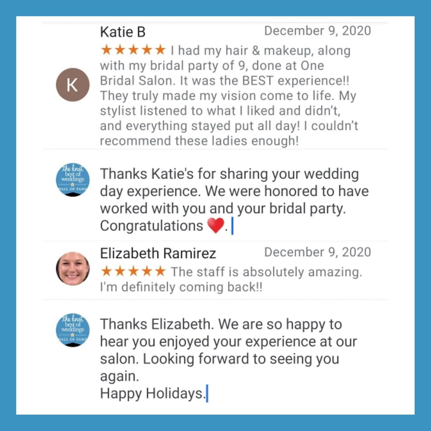 Honest reviews by our wonderful clients! Become a #onesalonbride today &amp; leave your own personal review to be featured on our page! We are so thankful for ALL OF YOU 🥰
⠀⠀⠀⠀⠀⠀⠀⠀⠀
⠀
#onesalonandbridal #saintcharles #bridalsalon #theknotchicago #bridalcompany #milbon #saintcharlesil #foxvalley #theknot #bridalhair #chicagostyleweddings #thecelebrationsocity #theknotweddings #airbrushmakeup #onestopshop #bridalservices #awardwinningsalon #hairstylist #stcharlesil #fullservicesalon #bridal #familiesonthefox #bridalmakeup #premierbeauty #keunelightener #salonstcharles