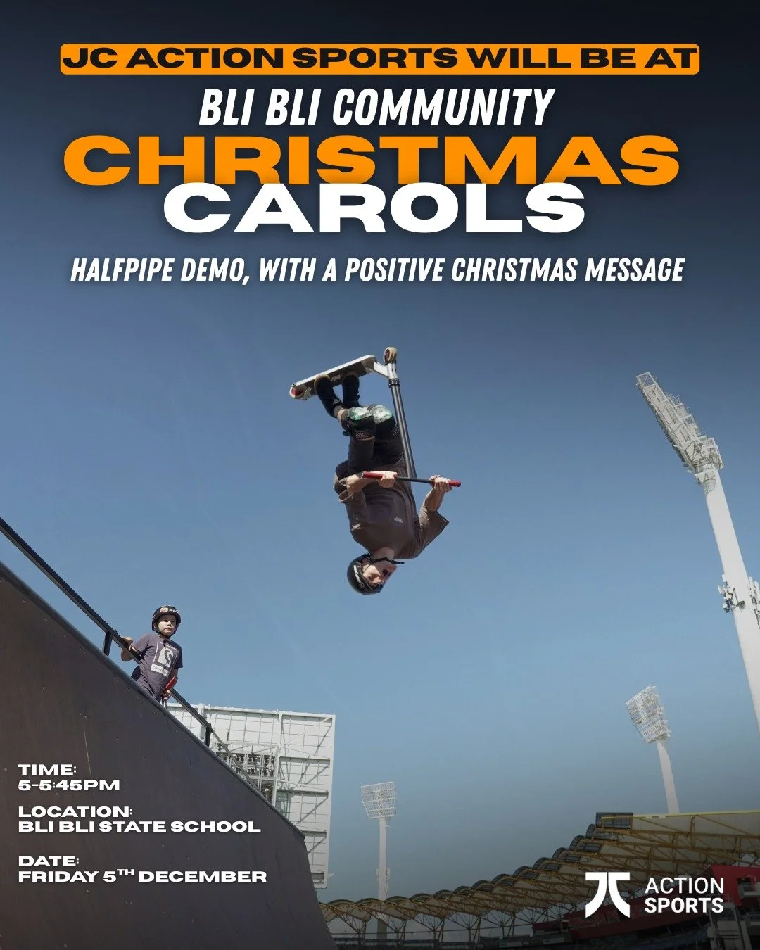 We&rsquo;re stoked to announce that JC Action Sports will be at Bli Bli!
Join us Tonight, Friday, 5th December from 5&ndash;5:45PM at Bli Bli State School for an epic halfpipe demo from Carols and an encouraging Christmas message to finish the year s