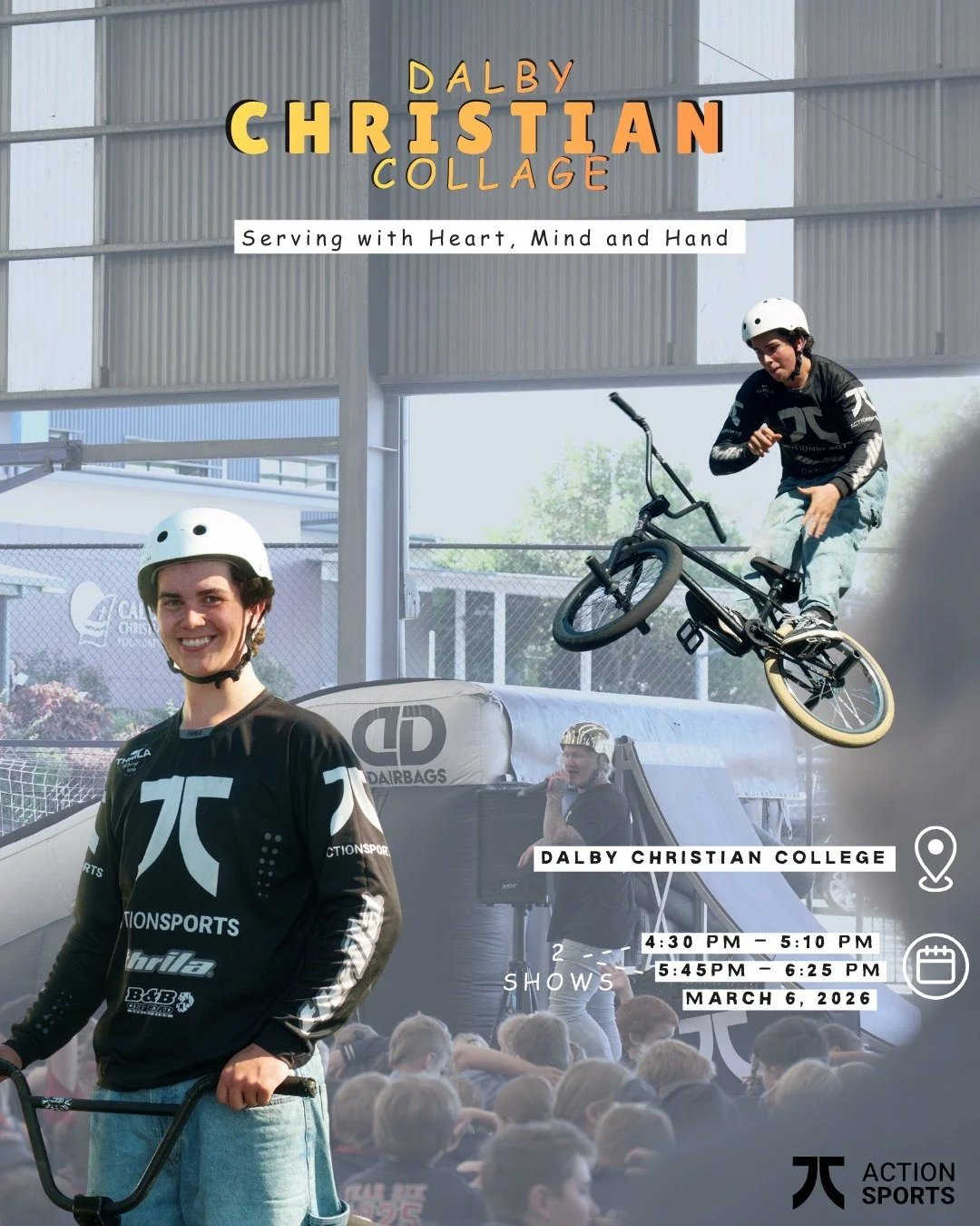 Dalby Christian College is set for an action-packed BMX Airbag Show! 🚲🔥

Join us on Friday, 6 March 2026 for two high-energy shows celebrating the school motto &ldquo;Serving with Heart, Mind and Hand.&rdquo;
Featuring riders Izac, Eli, and Josh, w