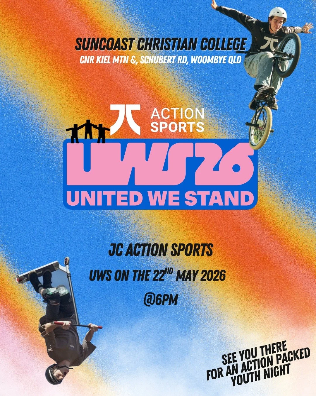 JC X UNITED WE STAND 26" @youthalivefc 👏

An action packed FREE youth event here on the Sunshine Coast on May 29th!
The event runs from 4:30-8:30pm, with our live Action Sports demo @ 6pm🔥
 
Location- Suncoast Christian Collage.
CNR KIEL MTN &