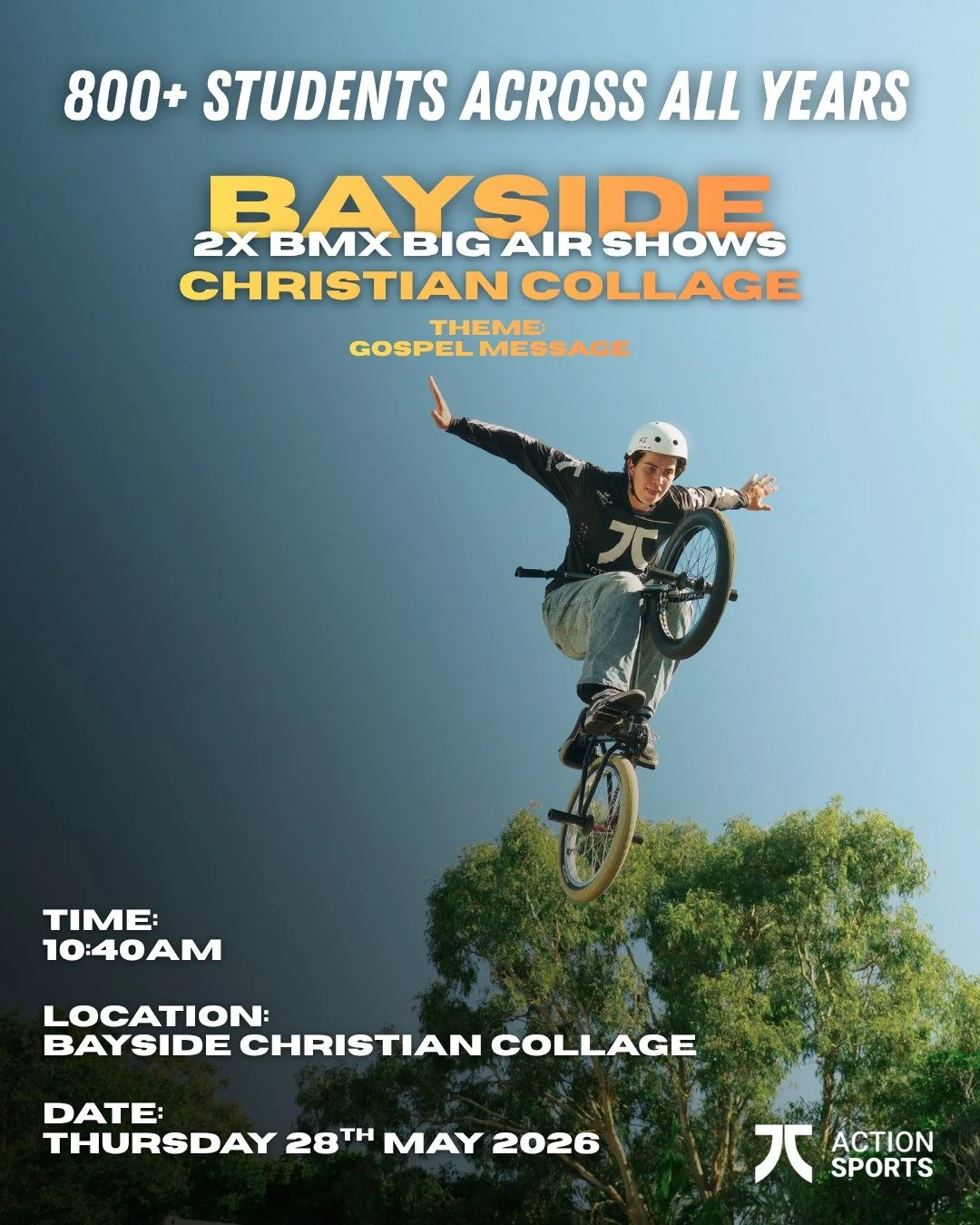 🔥🚲 BAYSIDE &mdash; BIG DAY INCOMING! 🔥
Early start, big drive, and a full day ahead with the crew at Bayside Christian College 🙌
We&rsquo;re bringing:
🎤 Keynote session (Senior Boys)
🚲 2 x Airbag BMX shows
💬 Real conversations + Gospel message