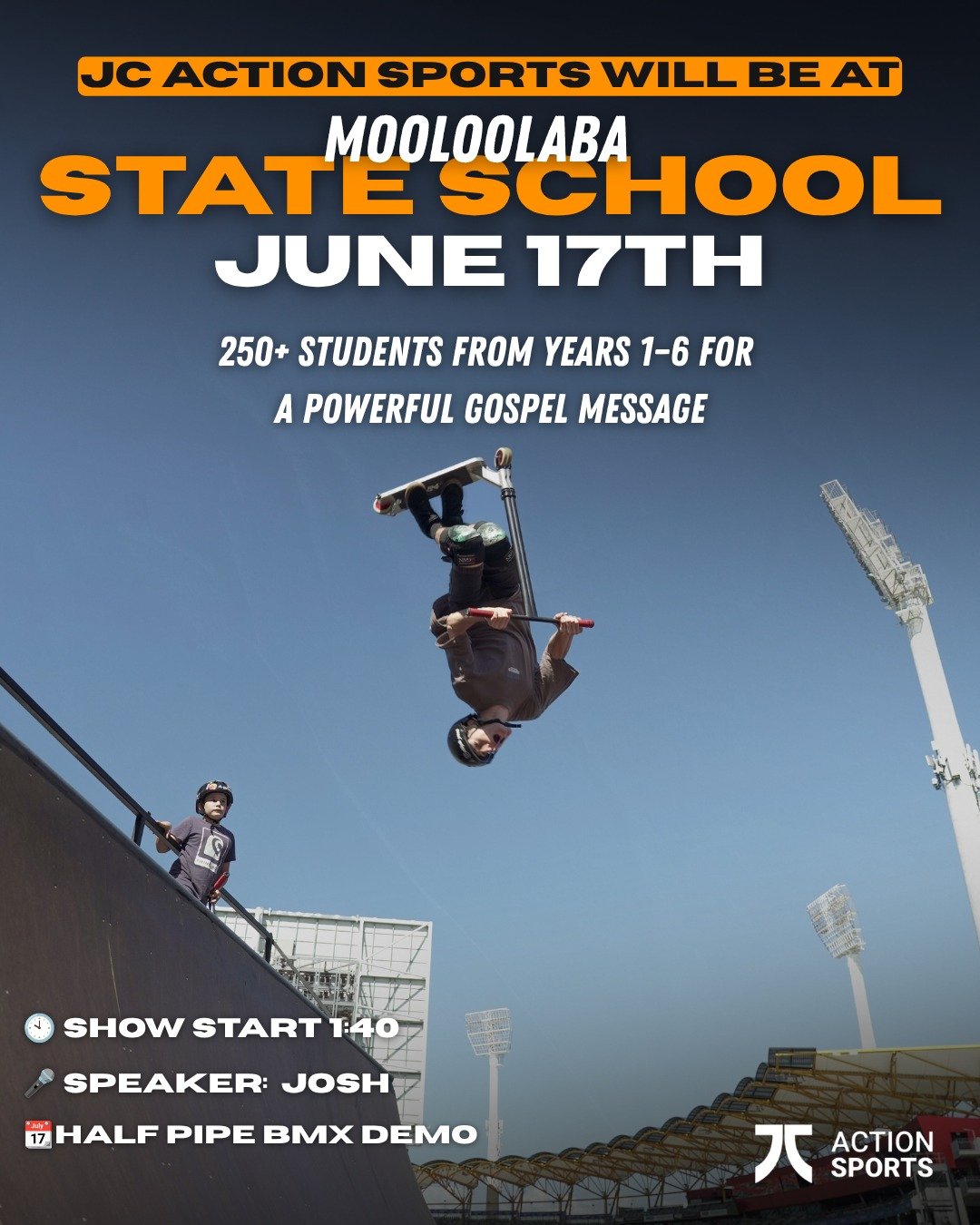 🚐🔥 MOOLOOLABA &mdash; WE&rsquo;RE BACK! 🔥🚲
We&rsquo;re rolling in with the halfpipe truck for an epic afternoon with the crew at Mooloolaba SS 🙌
🎬 One big show
🚲 Big tricks
💬 Real message
Around 260 students ready for high-energy action and a
