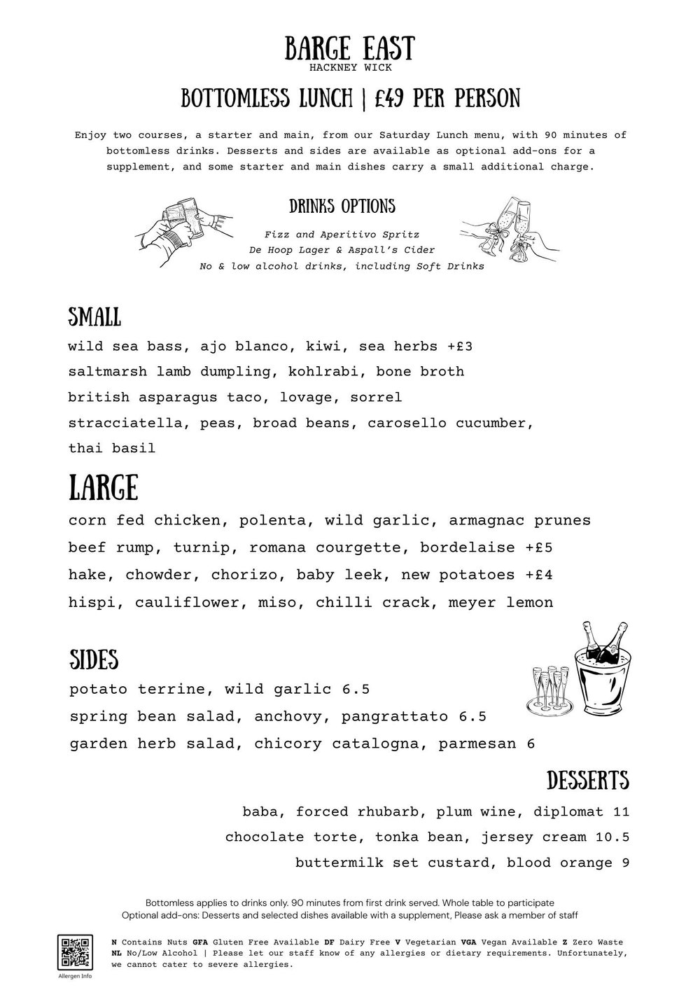 Restaurant Bottomless Menu — Barge East