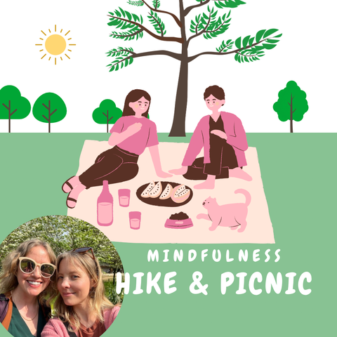 Illustration of women enjoying a mindfulness hike and picnic in nature, promoting a women-only wellness event focused on reflection and connection