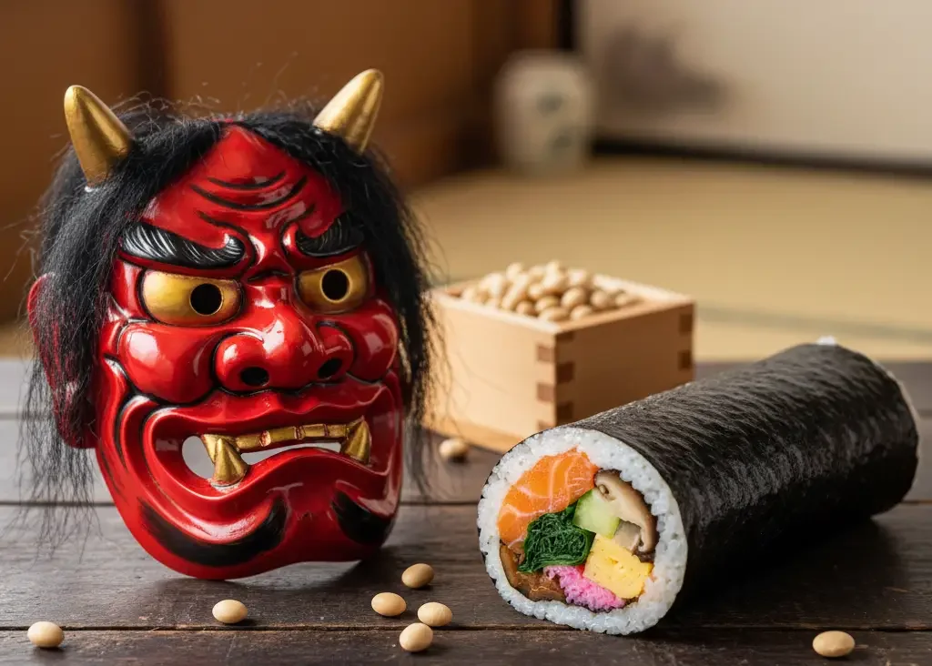 Traditional Setsubun display with red oni mask, roasted soybeans, and ehomaki sushi roll symbolizing reflection and new beginnings in Japan