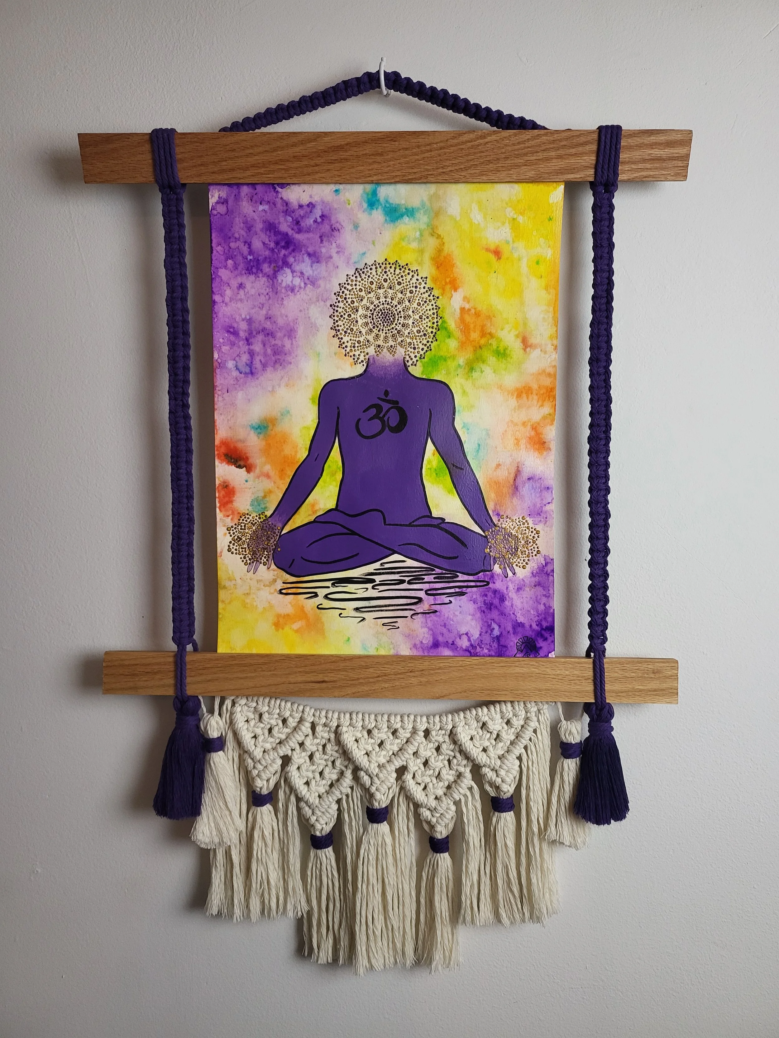 Seated in lotus, the meditator dissolves into stillness. The head replaced by a gold dot-work mandala, the thousand-petaled lotus of the crown chakra in full bloom. Om, the primordial sound of the universe, rests at the heart, while gold mandalas rad