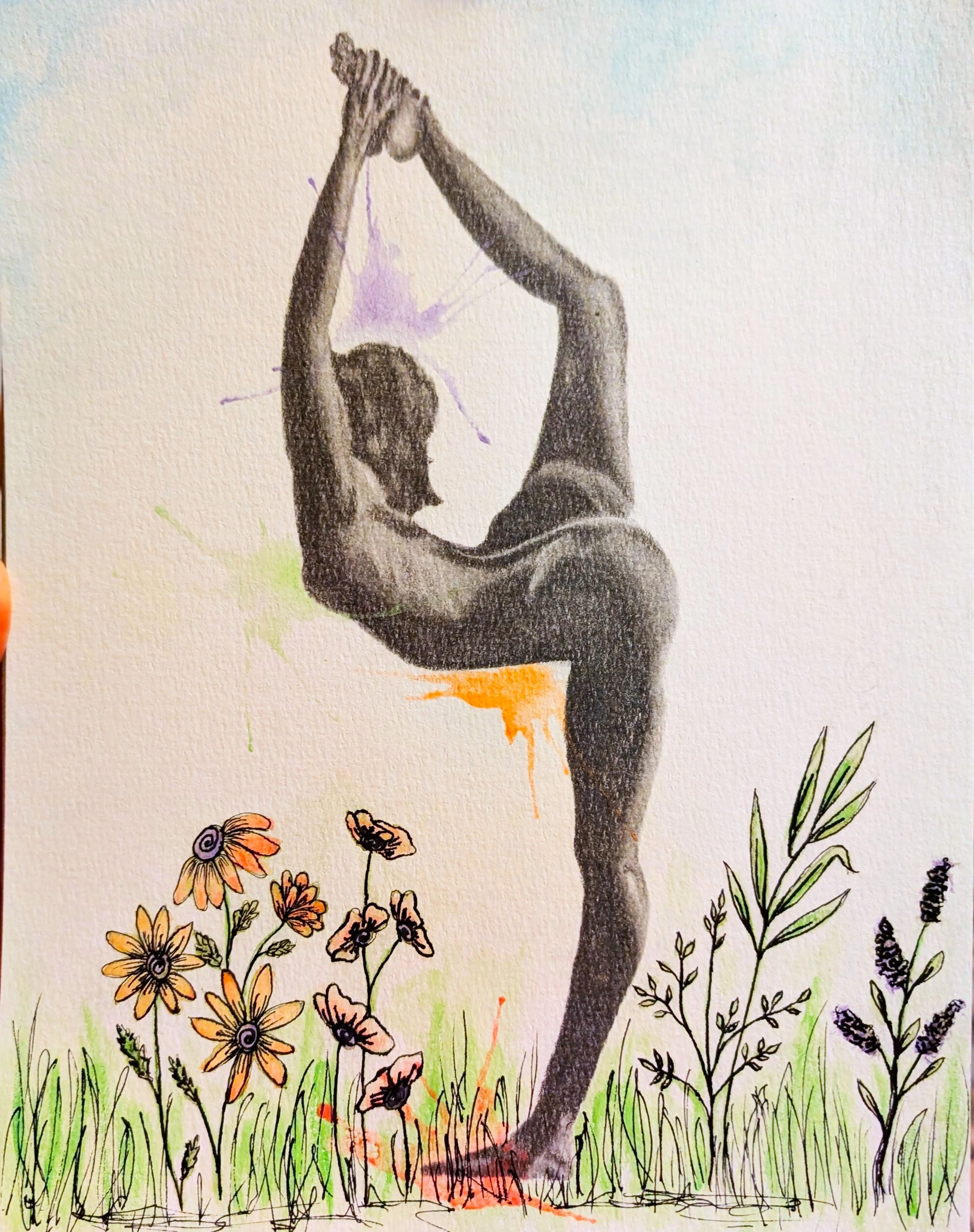 Natarajasana honors the cosmic dance that creates, sustains, and renews the universe. A rhythm alive in every one of us. Destruction always makes way for rebirth. Here, the dancer rises from a meadow of wildflowers, rooted yet reaching, the human spi