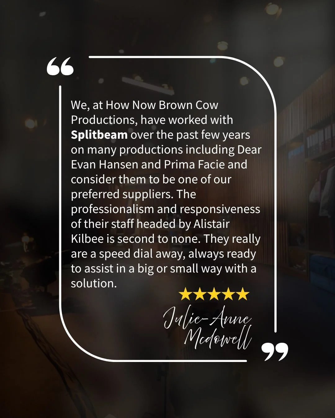 Splitbeam&rsquo;s support of Prima Facie at the Market Theatre in Johannesburg has been invaluable. When we required an ETC Gio @5 lighting console for the production, Splitbeam stepped in with generosity, professionalism, and a genuine commitment to