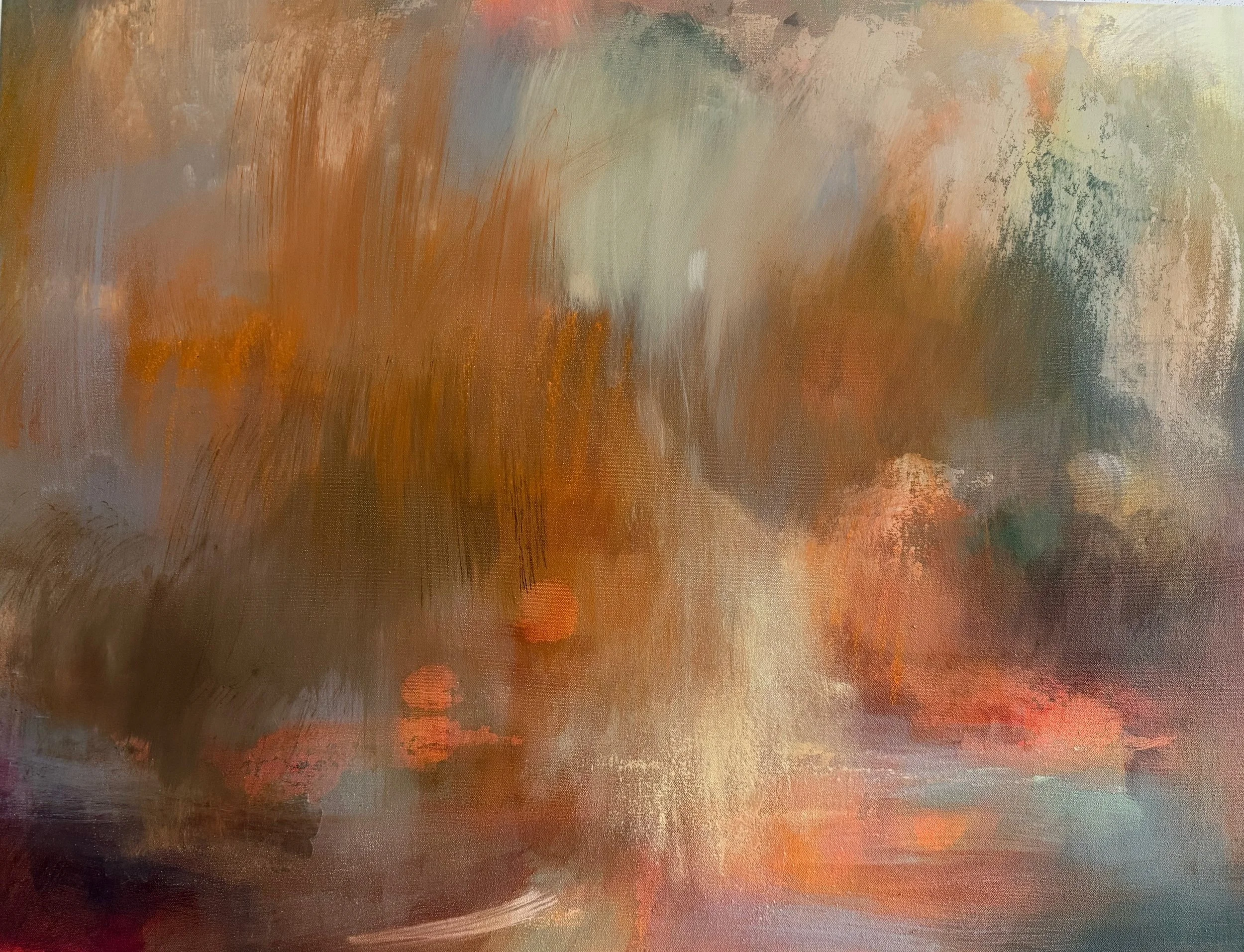 moody skies heavy with light and air over sea oranges adn blues with copper leaf