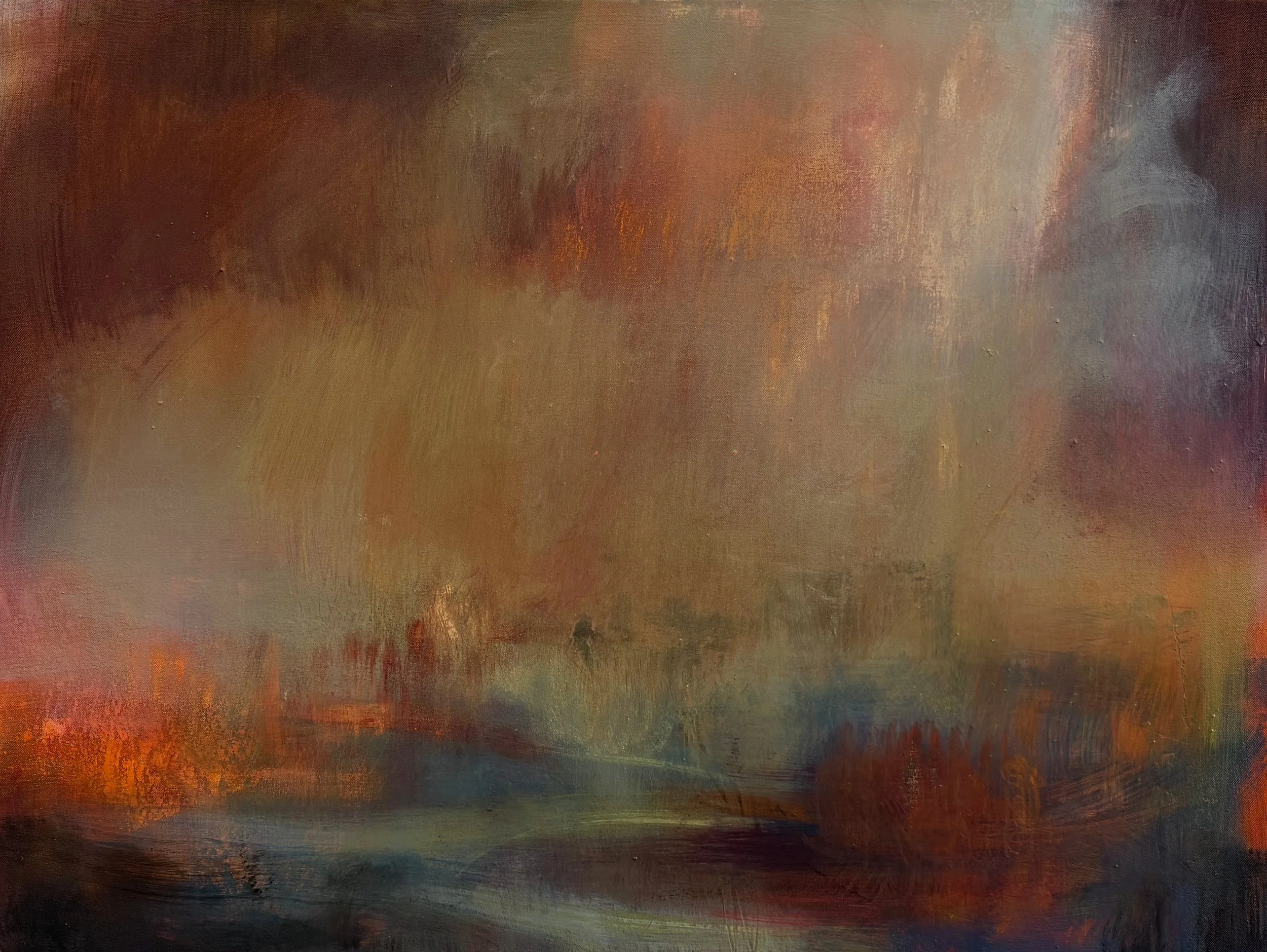 huge sky burning with light orange embers on the low horizon. full of atmosphere and light