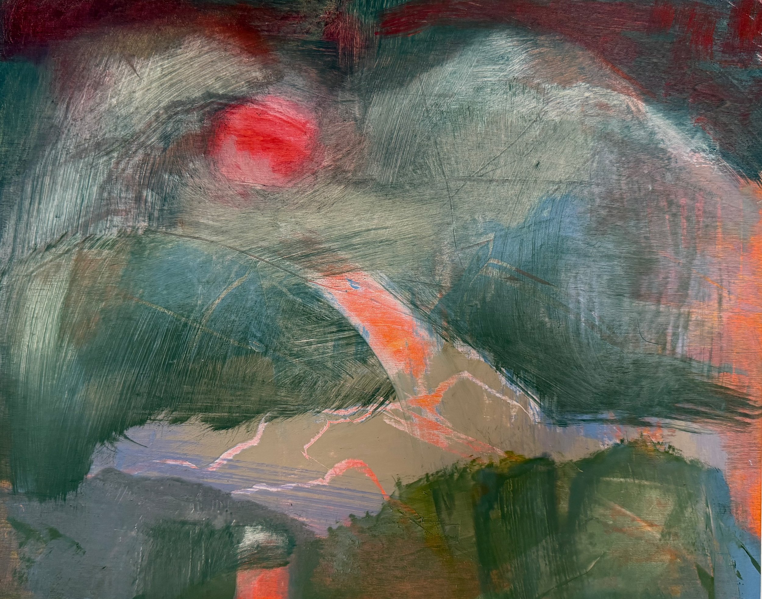 blue green hills red sun dark sky