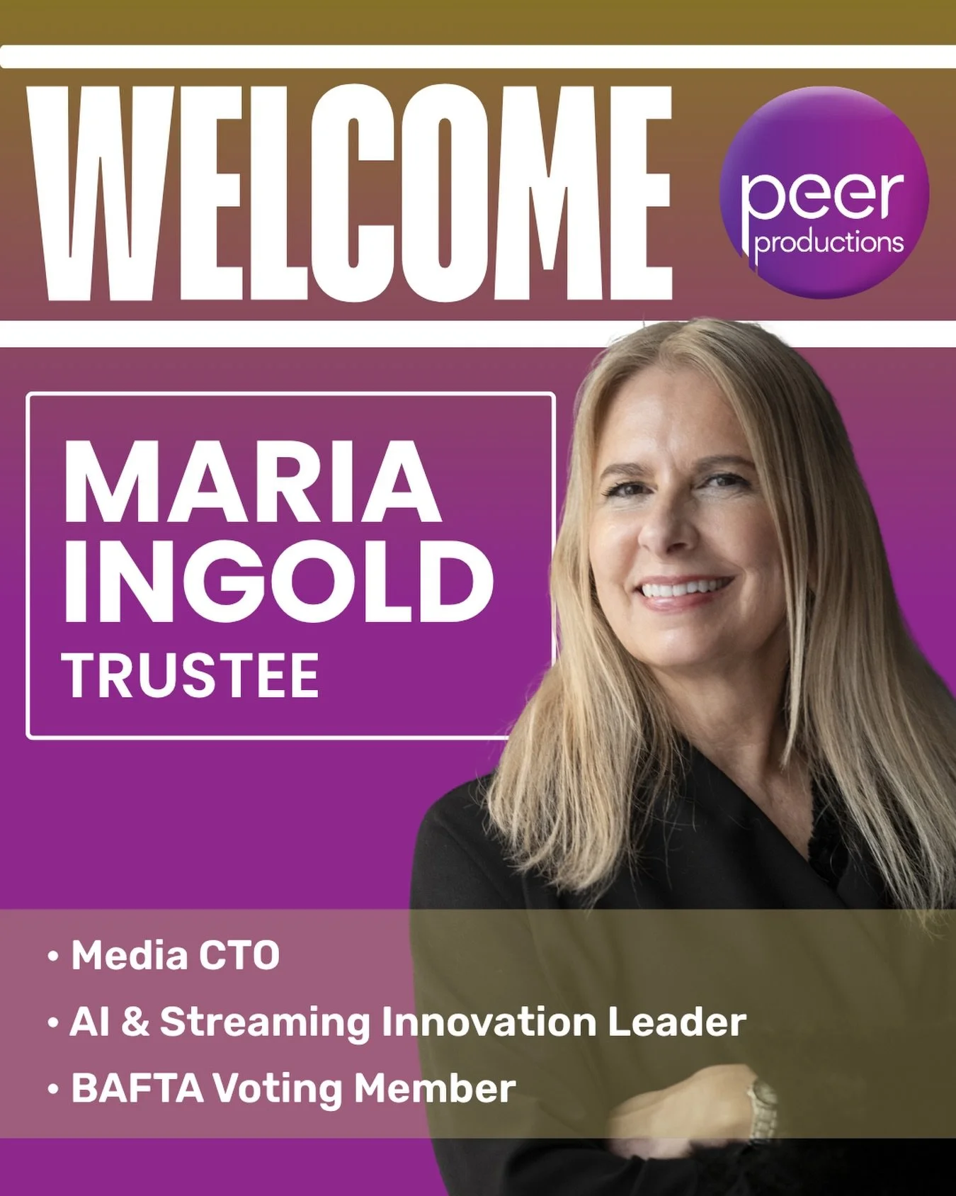 We&rsquo;re excited to welcome Maria Ingold as a new Trustee at Peer Productions.

Maria brings a wealth of leadership experience along with a strong commitment to supporting young people and community impact. We&rsquo;re thrilled to have her joining