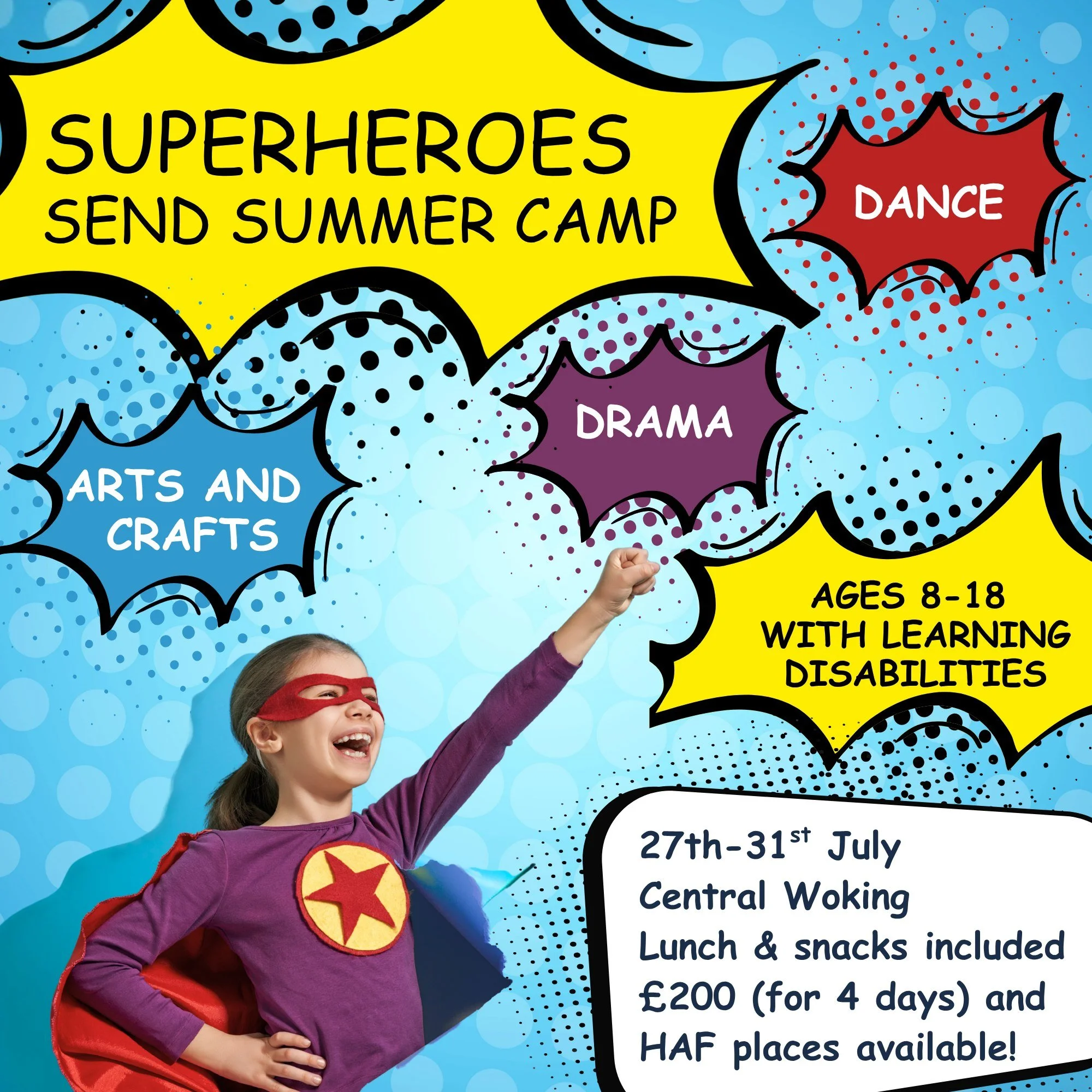 We are pleased to announce that our Superheroes SEND Summer Camp is HAF funded! We are offering free spaces to children who qualify for a HAF place. Register your interest via our Eequ site: https://eequ.org/book/peer-productions-send-superheroes-dra
