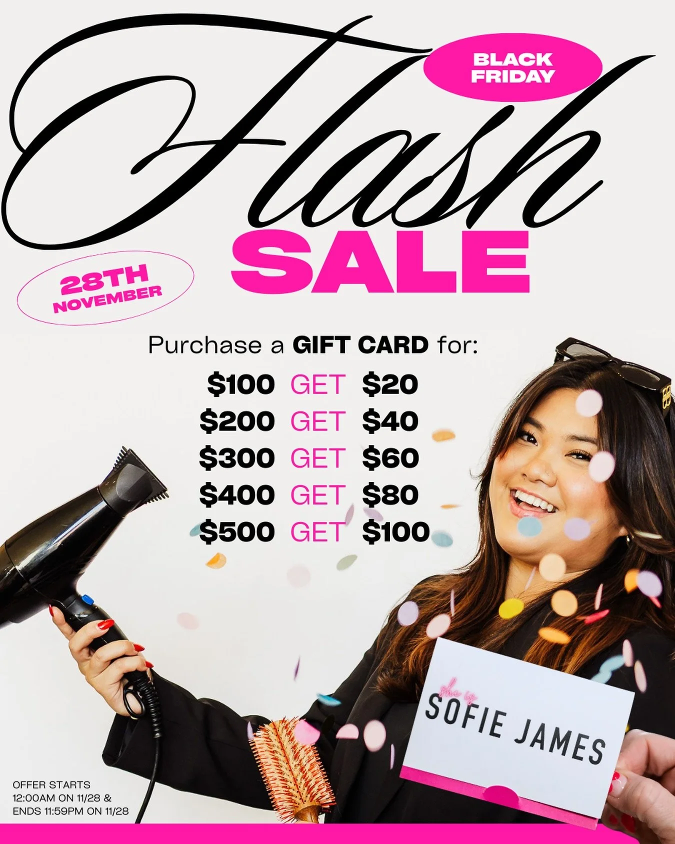 We&rsquo;re thankful for YOU! For Black Friday only, purchase a gift card for $100 and get a bonus $20! ✨

Spend $100, get $120 value 
Spend $200, get $240 value 
Spend $300, get $360 value
Spend $400, get $480 value
Spend $500, get $600 value!!!

Of