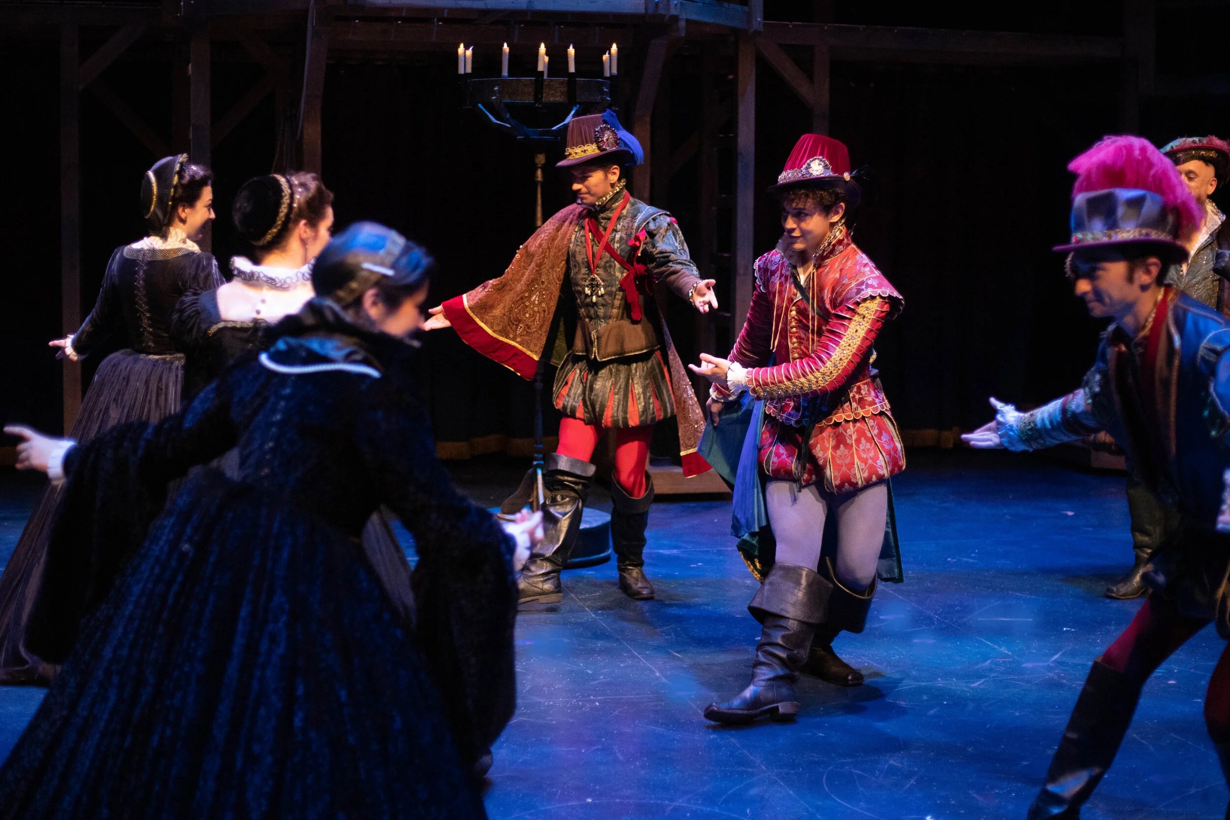 HSRT's "Shakespeare in Love." Rafael is the central figure in red and green bowing to his partner, playing an ensemble member. Summer 2019.