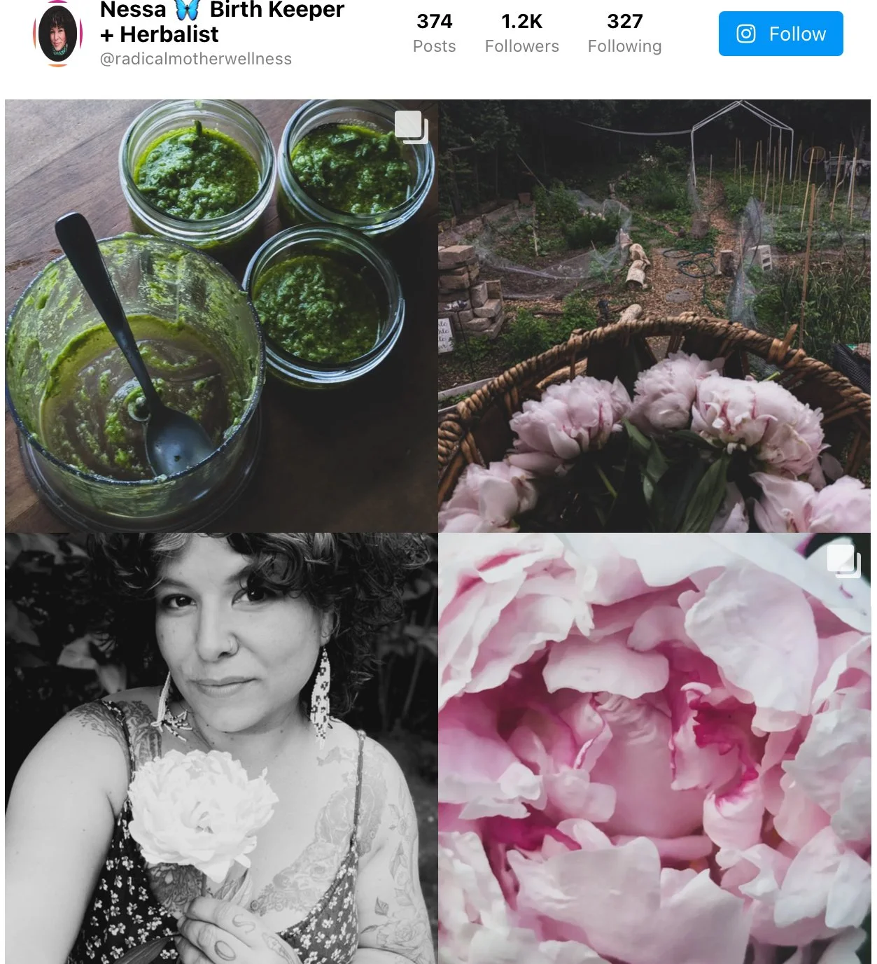 A collage of four images: top left shows jars of green pesto with a spoon; top right depicts a garden with flowering plants and garden netting; bottom left is a black and white photo of a woman with curly hair holding a peony flower; bottom right features a close-up of pink peony petals.