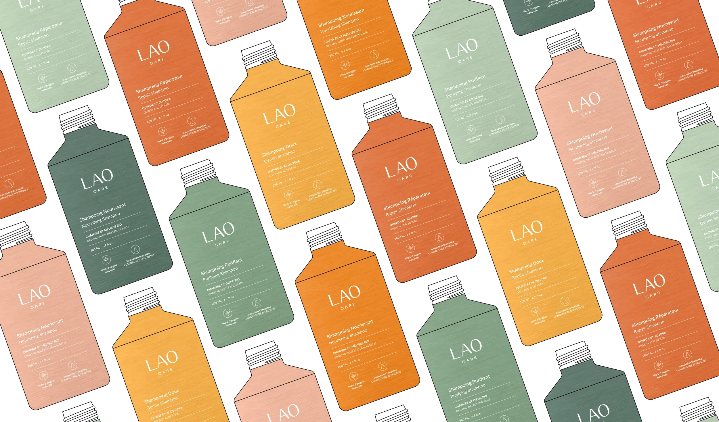 Icônes des shampoings Lao Care qui se répètent en motif sur un fond blanc.