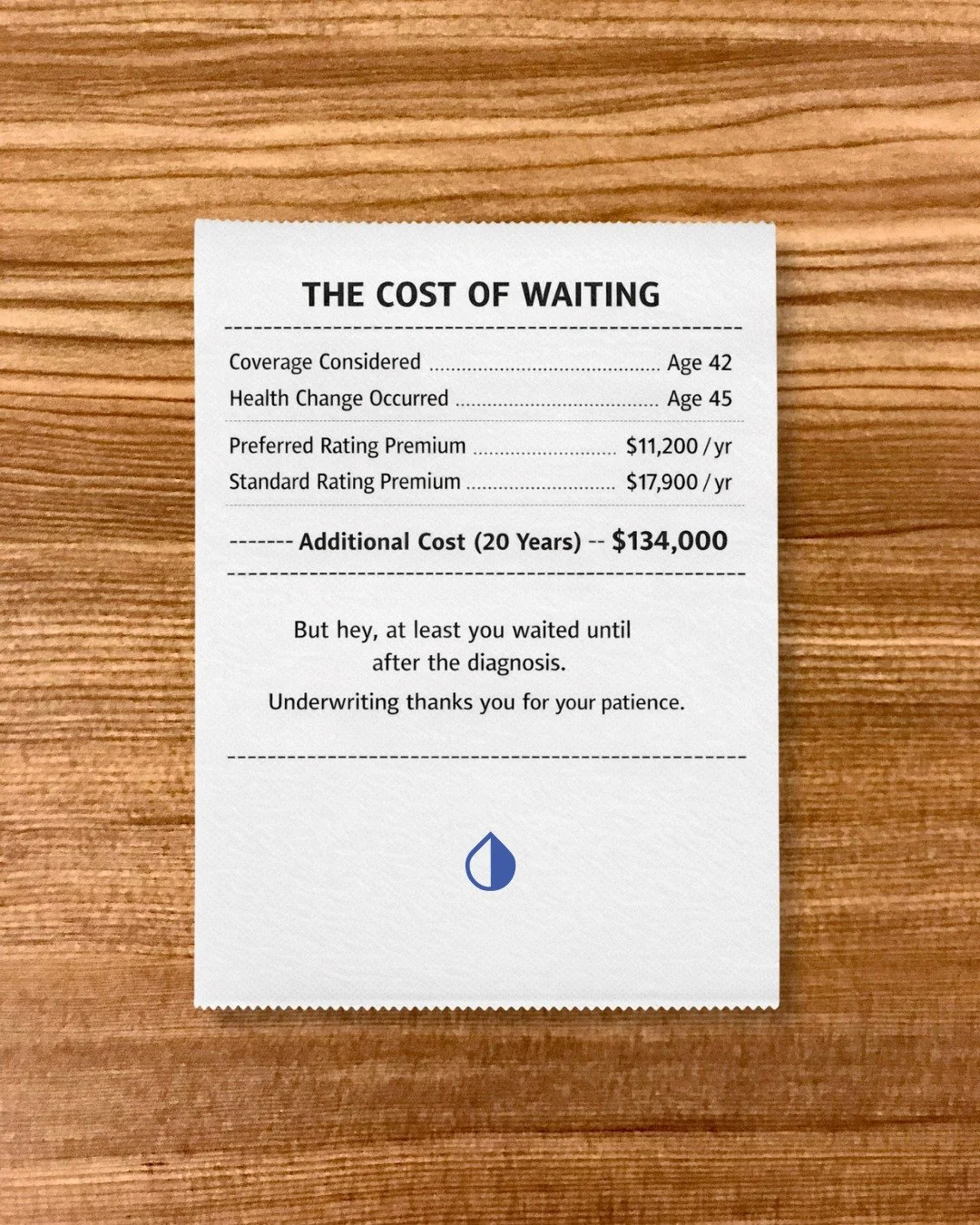 The most expensive life insurance policy is the one you wait too long to get.

Every year someone delays coverage, three things happen:

&bull; Premiums increase
&bull; Health risk increases
&bull; Time disappears

Planning isn&rsquo;t about predicti