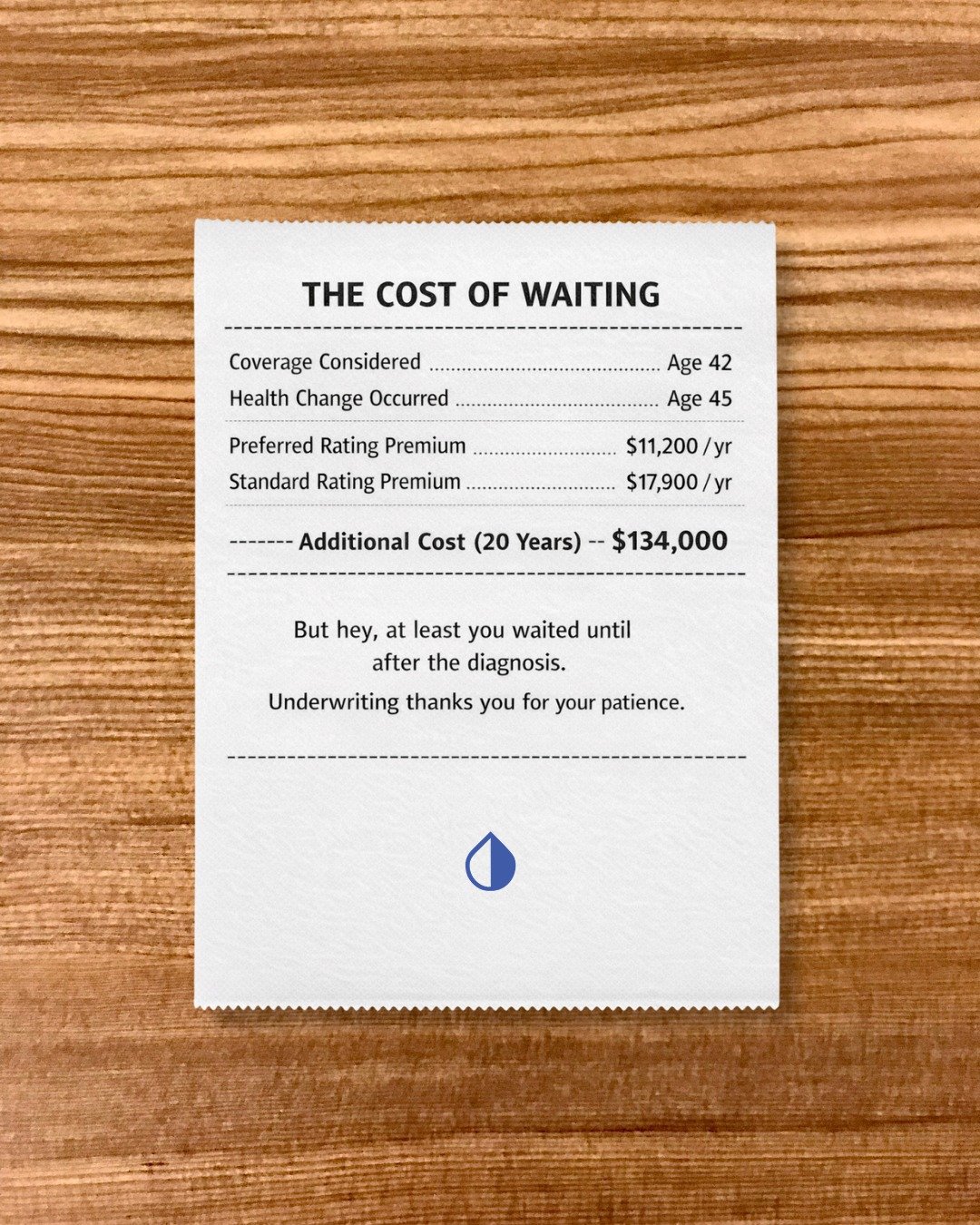 The most expensive life insurance policy is the one you wait too long to get.

Every year someone delays coverage, three things happen:

&bull; Premiums increase
&bull; Health risk increases
&bull; Time disappears

Planning isn&rsquo;t about predicti