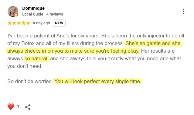 Testimonial for Botox and Fillers with Ana Alphonse - by Dominique