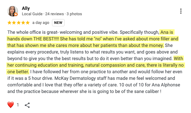 Testimonial for fillers and cosmetic/medspa treatments in Stuart Florida with Ana Alphonse -- by Ally