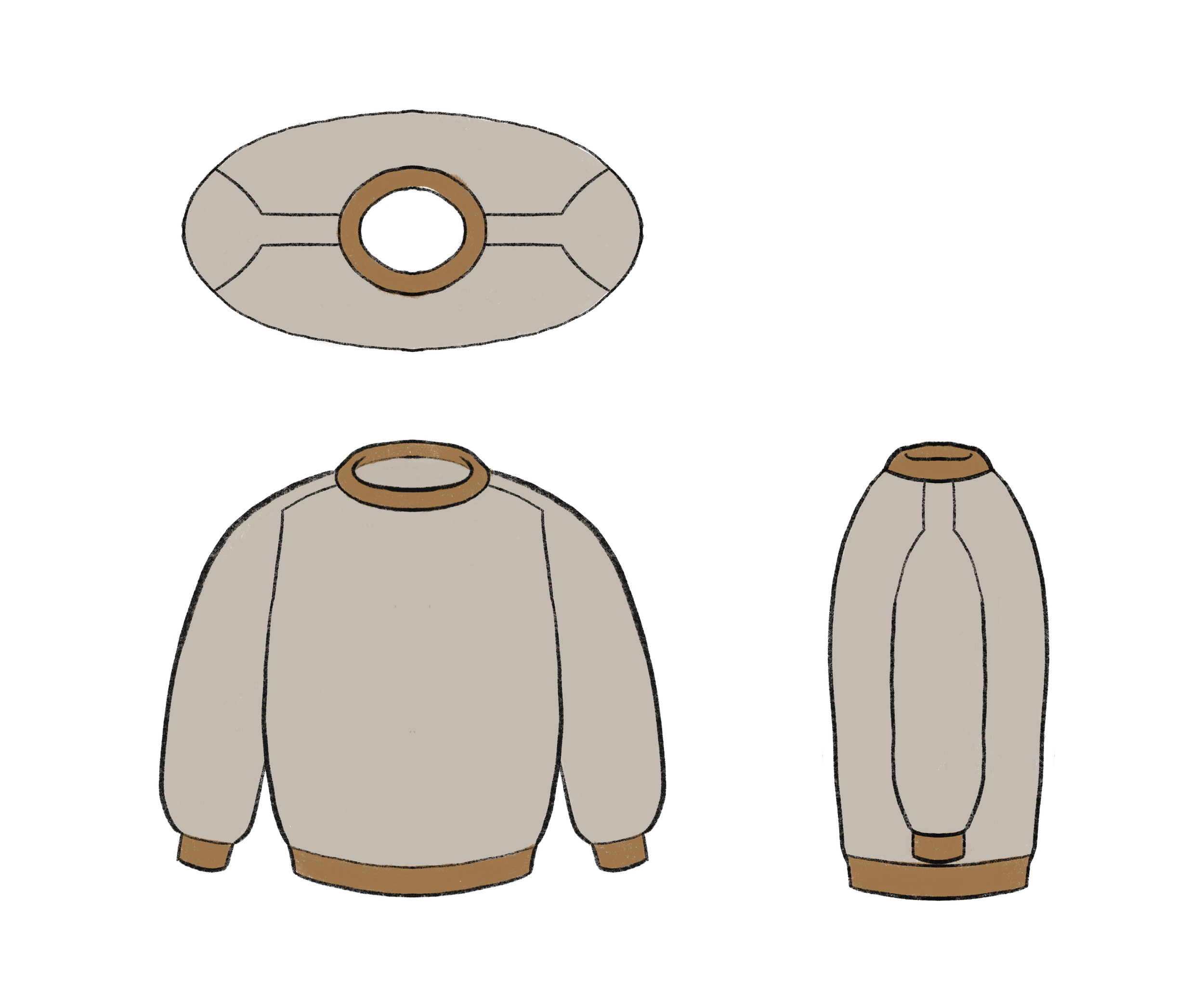 Schéma d'un pull tricoté à manches marteau, vu du dessus, de face et de côté.