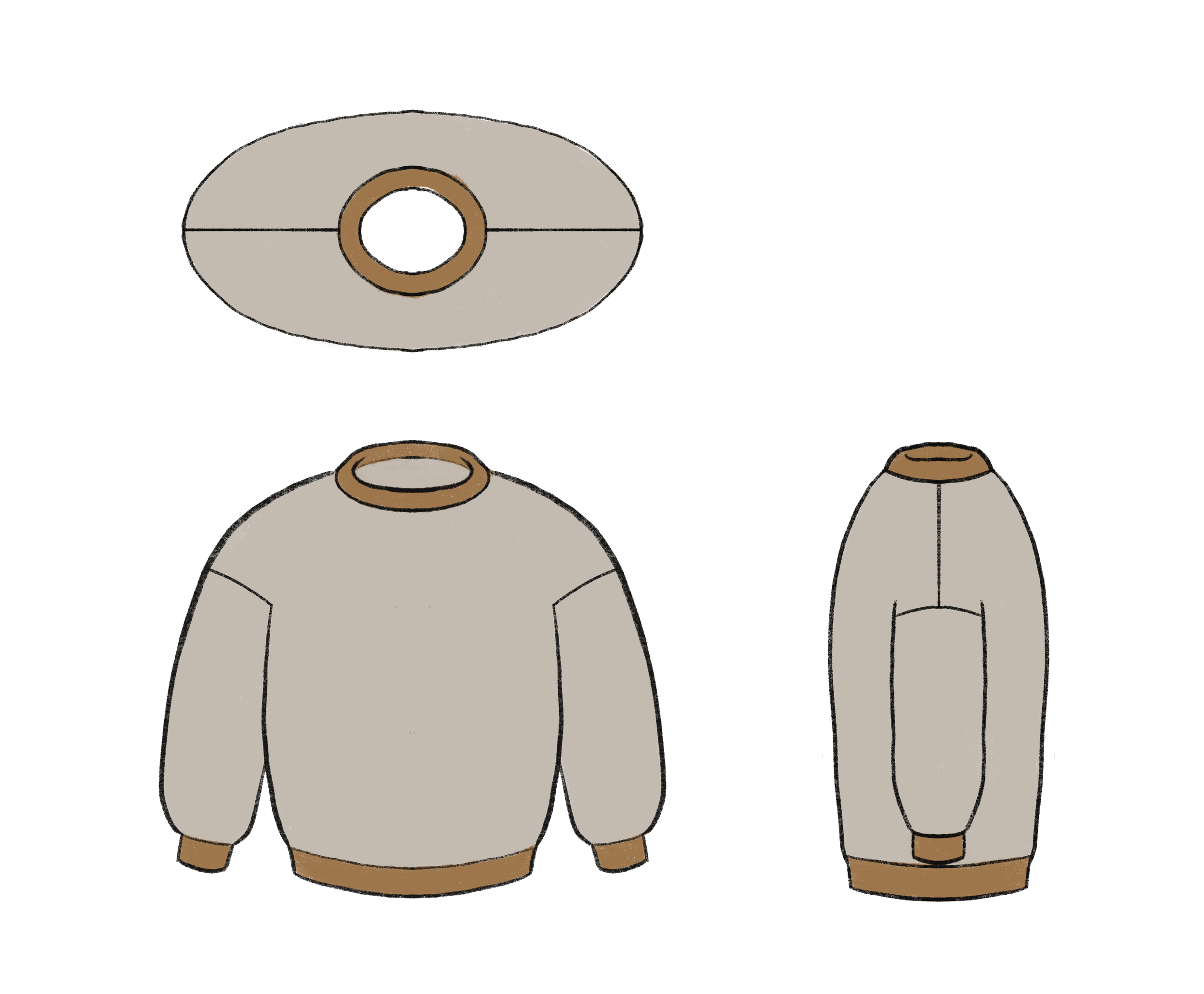 Schéma d'un pull tricoté à épaules tombantes, vu du dessus, de face et de côté.