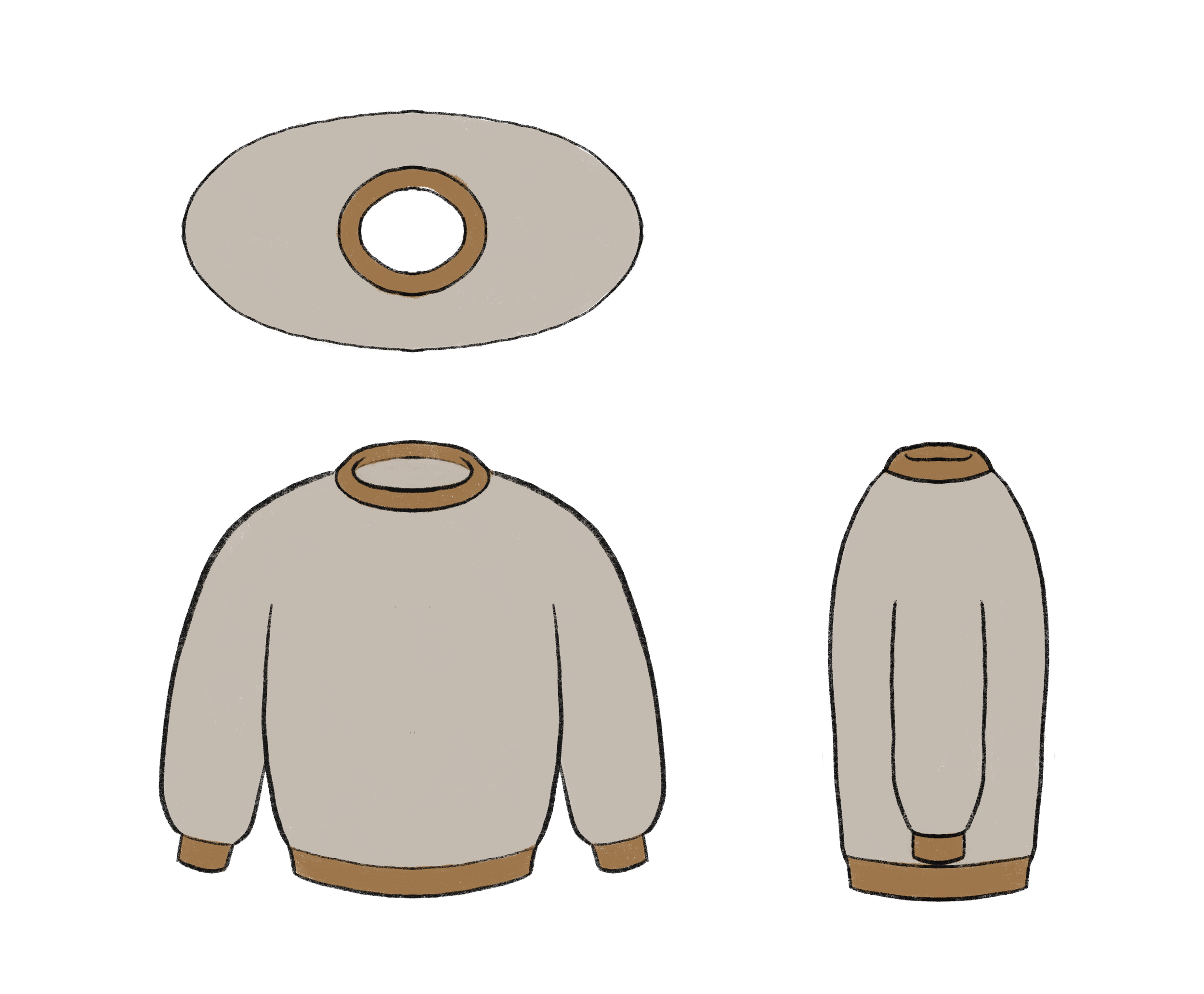 Schéma d'un pull tricoté à empiècement circulaire, vu du dessus, de face et de côté.