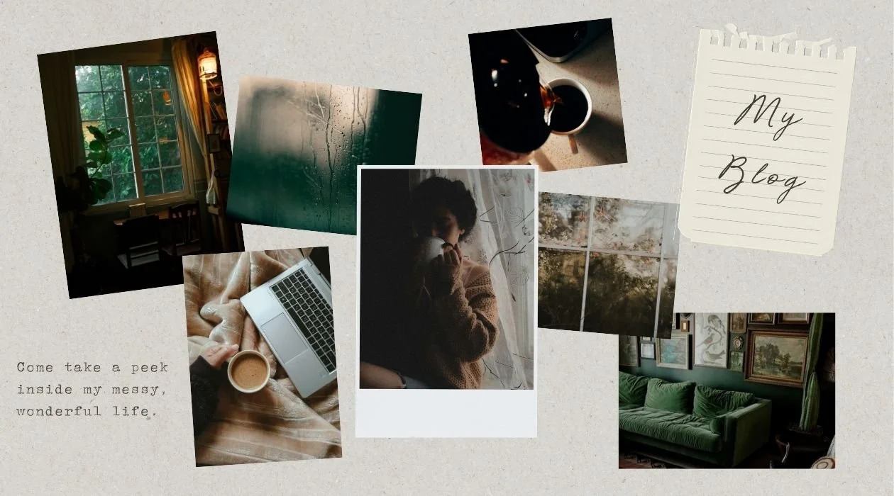 Blog vision board with a muted, journalistic aesthetic featuring cozy chairs, coffee, and windowpane imagery for an authentic, lived-in feel
