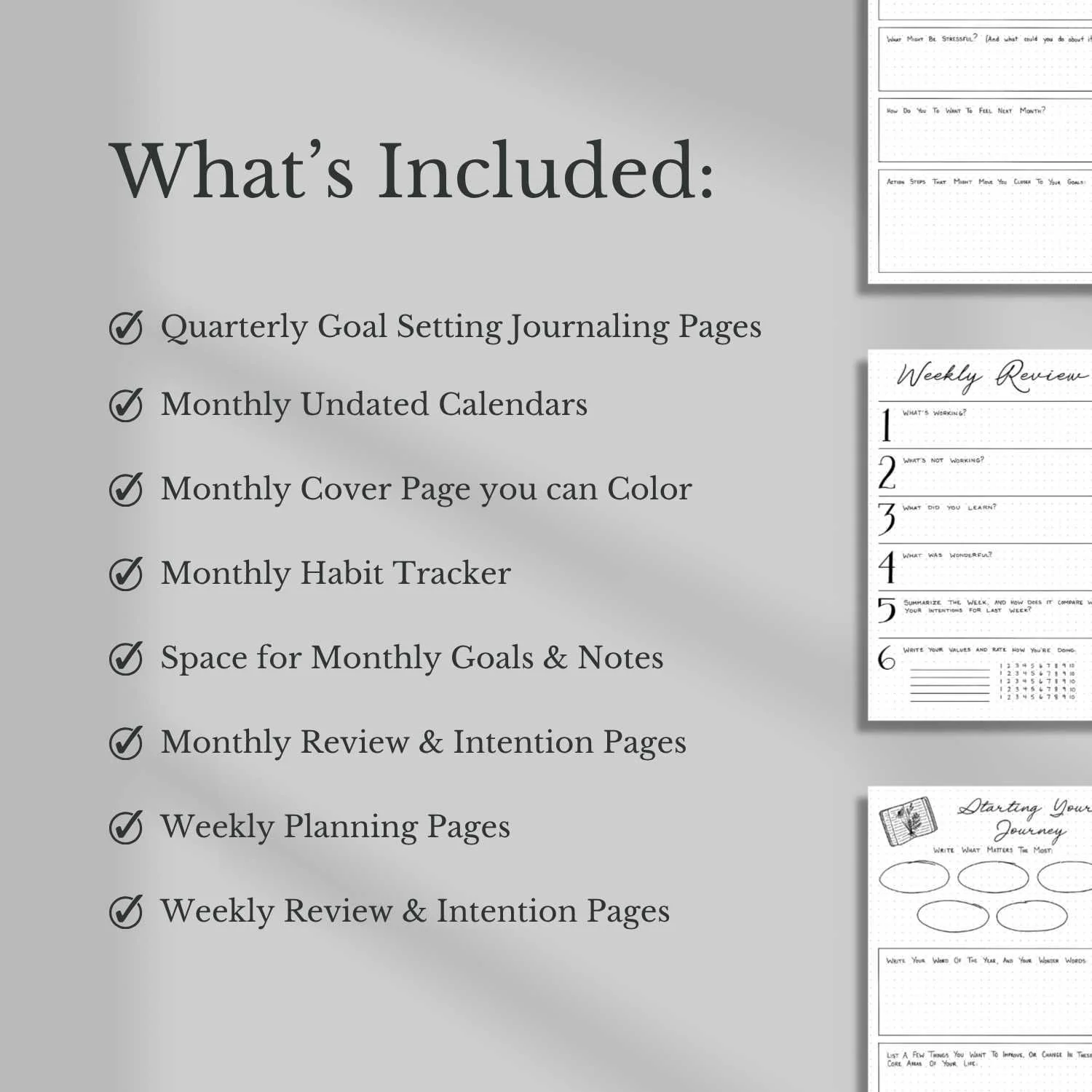 Overview of included pages in the Intentional Life Planner printable PDF including monthly calendars, habit tracker, weekly planning pages, and journaling prompts