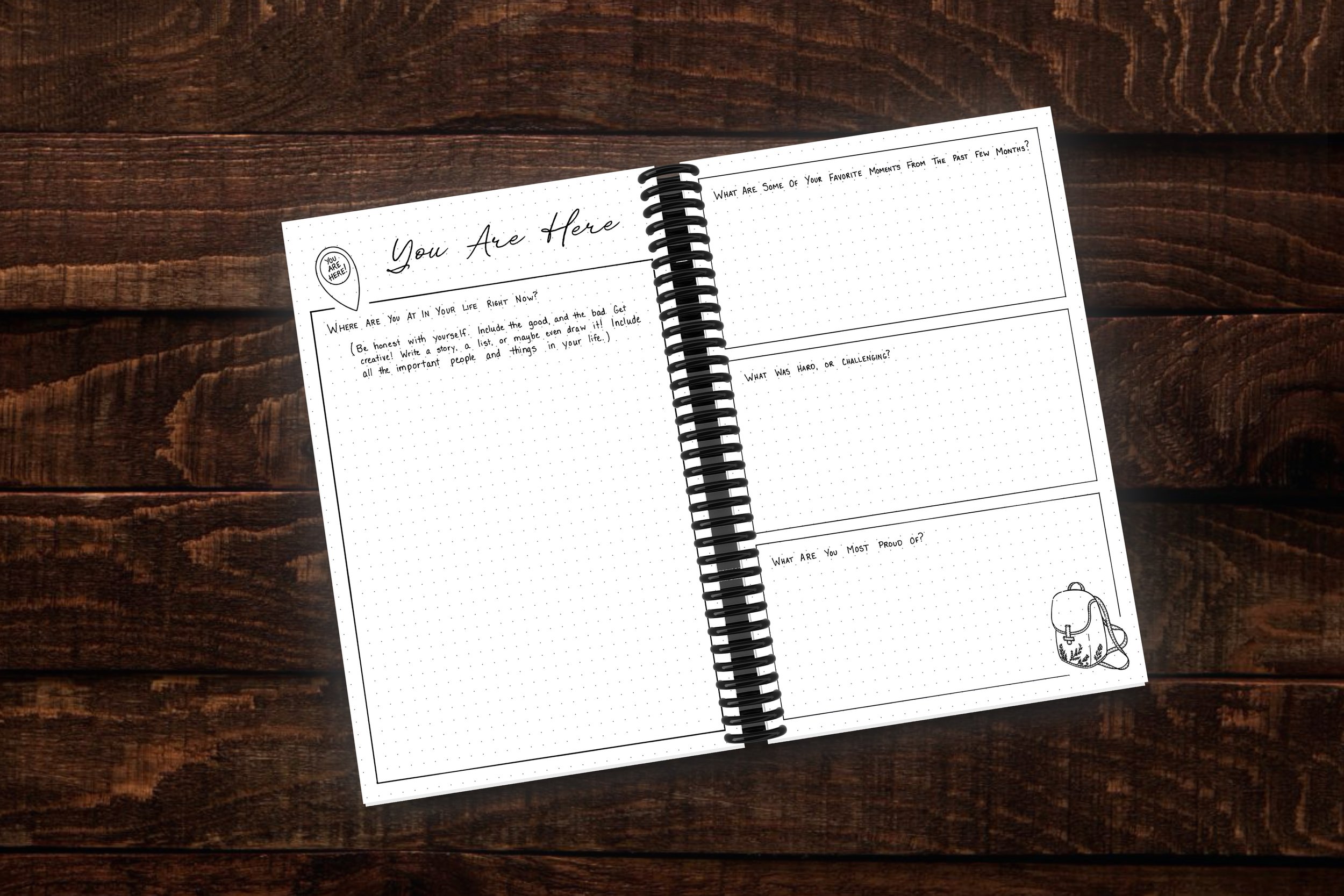 Open planner showing a “You Are Here” journaling prompt page for clarity and intentional living