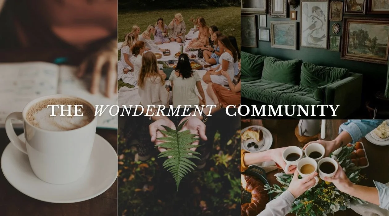 Vision board for The Wonderment Community with coffee-inspired tones, warm textures, and a cozy gathering with friends atmosphere