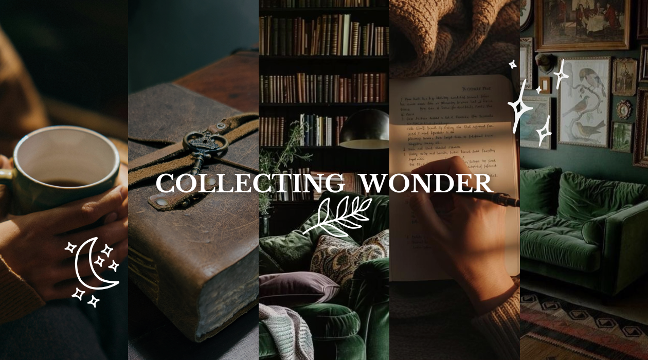 Vision board for the Collecting Wonder podcast and YouTube channel with green and brown tones, coffee mugs, velvet couches, and a welcoming homey vibe