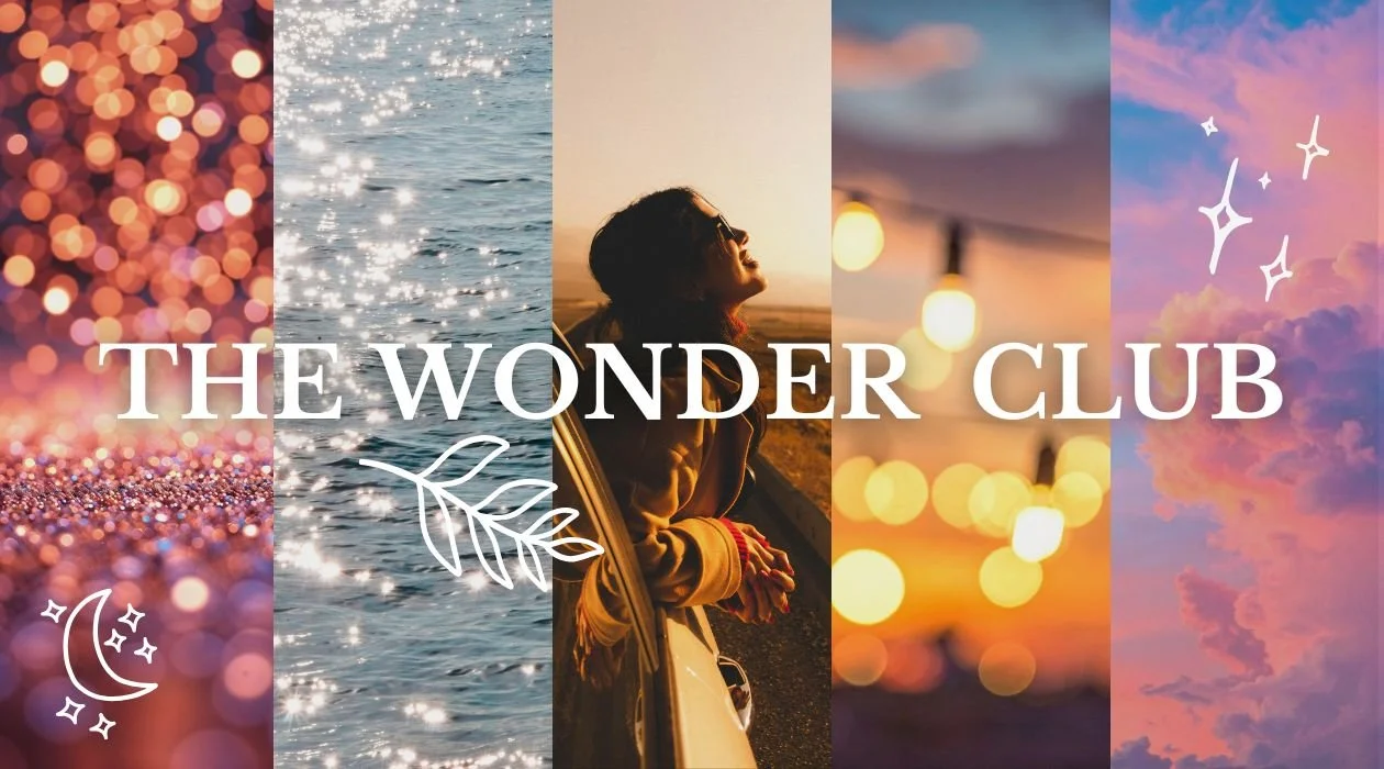 Vision board for The Wonder Club email newsletter featuring twinkle lights, bright colors, and a light-filled, encouraging atmosphere