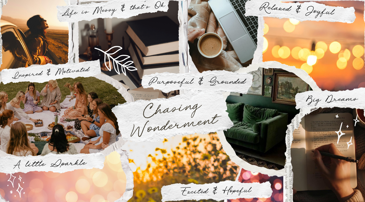 Scrapbook-style vision board for social media featuring layered textures, cozy elements, and a blend of sparkle and relaxed inspiration