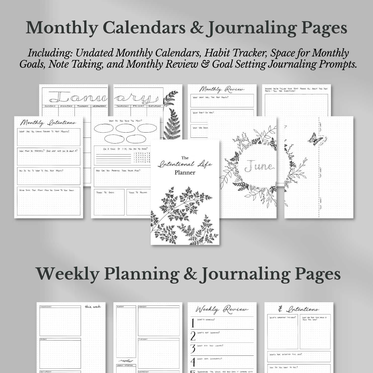 Preview of monthly calendar pages, weekly planning layouts, and journaling pages included in the Intentional Life Planner printable PDF