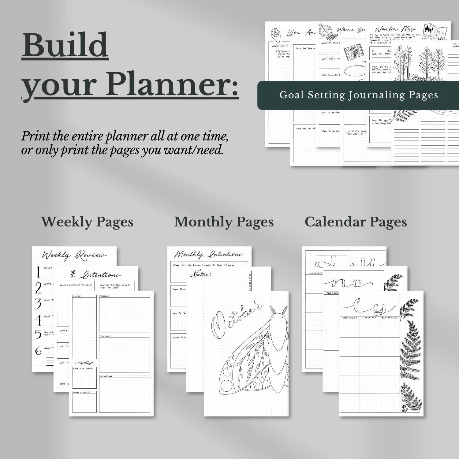 Printable planner pages showing how to build and customize your planner with weekly, monthly, and calendar layouts from the Intentional Life Planner PDF