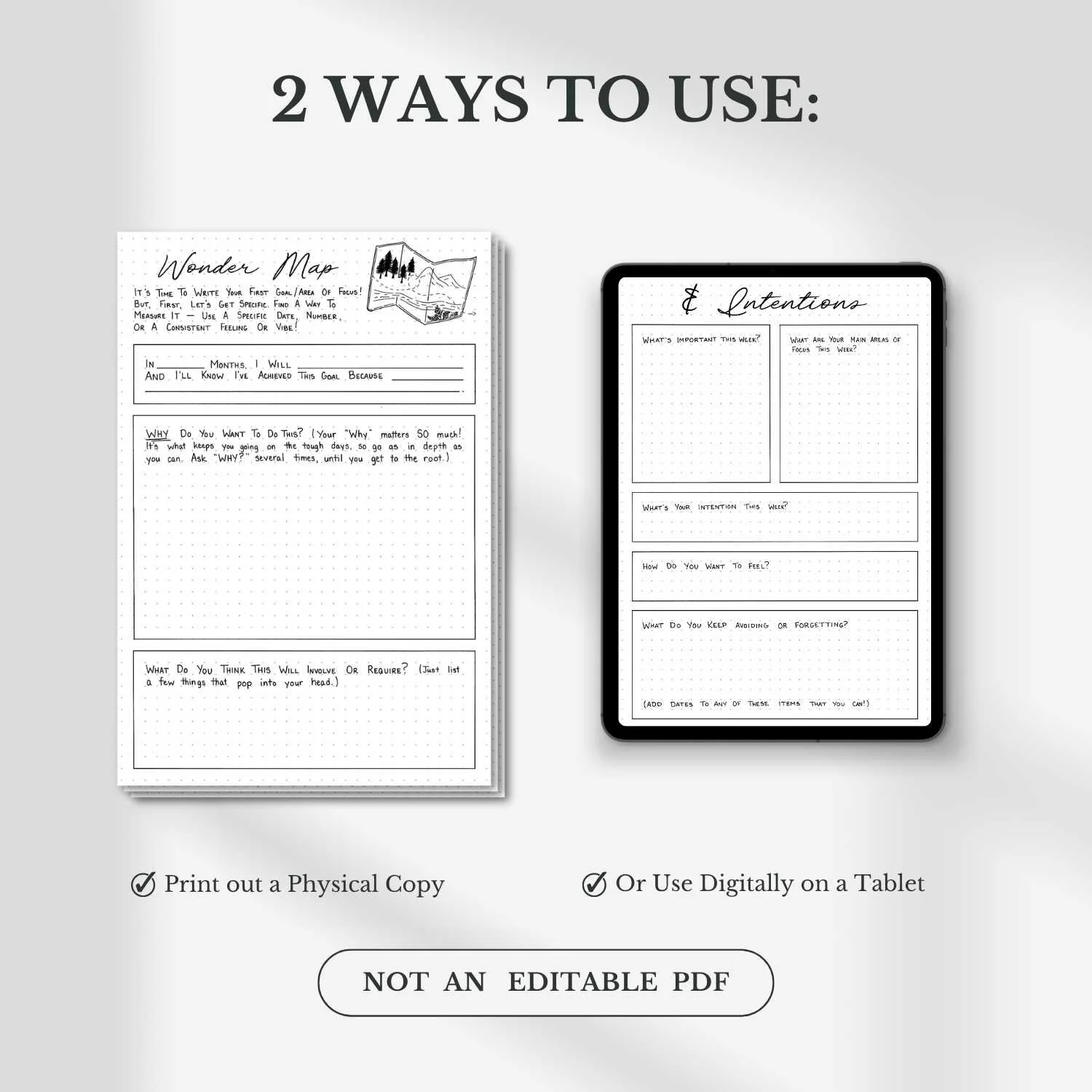 Intentional Life Planner PDF shown as both a printable planner and digital planner on tablet, highlighting flexible use options