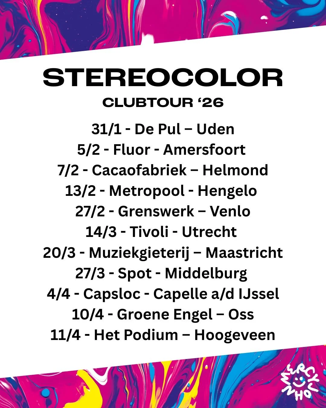 Op zaterdag 31 januari trappen we de Stereocolor tour af! Waar in Nederland zien we jou? Tickets: https://www.mercyjohn.com/#shows #live #tour #stereocolor #mercyjohn #uden #amersfoort #helmond #hengelo #venlo #utrecht #maastricht #middelburg #cappel