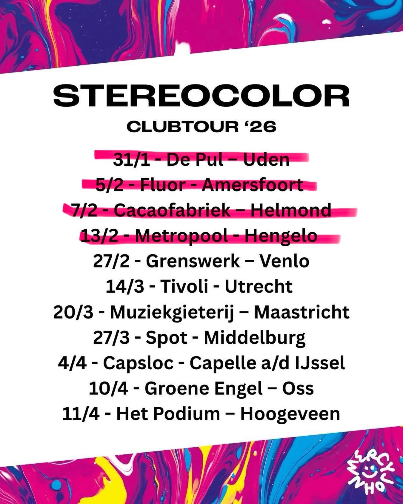 4 down, still 7 to go! Vrijdag 27-2 spelen we in @grenswerk, Venlo! Ticketlink vind je op Mercyjohn.com #venlo #grenswerk #stereocolor #tour
