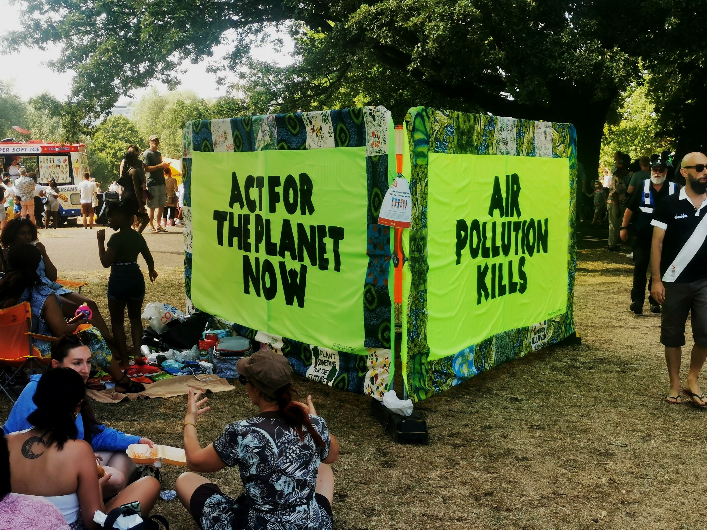  Climate Conversations banners created in collaboration with Meet Me At the Albany members for Lewisham People's Day '22. Banners design and sewing by me. 