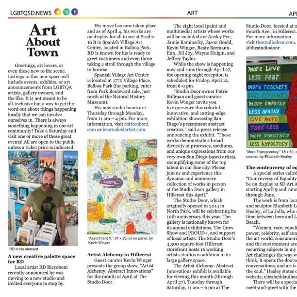 Thank you to @lgbtqsdnews for the inclusion in this month's launch of ART ABOUT TOWN. The Studio Door found itself in great company of @rdriccoboni and @sdartadvisory.