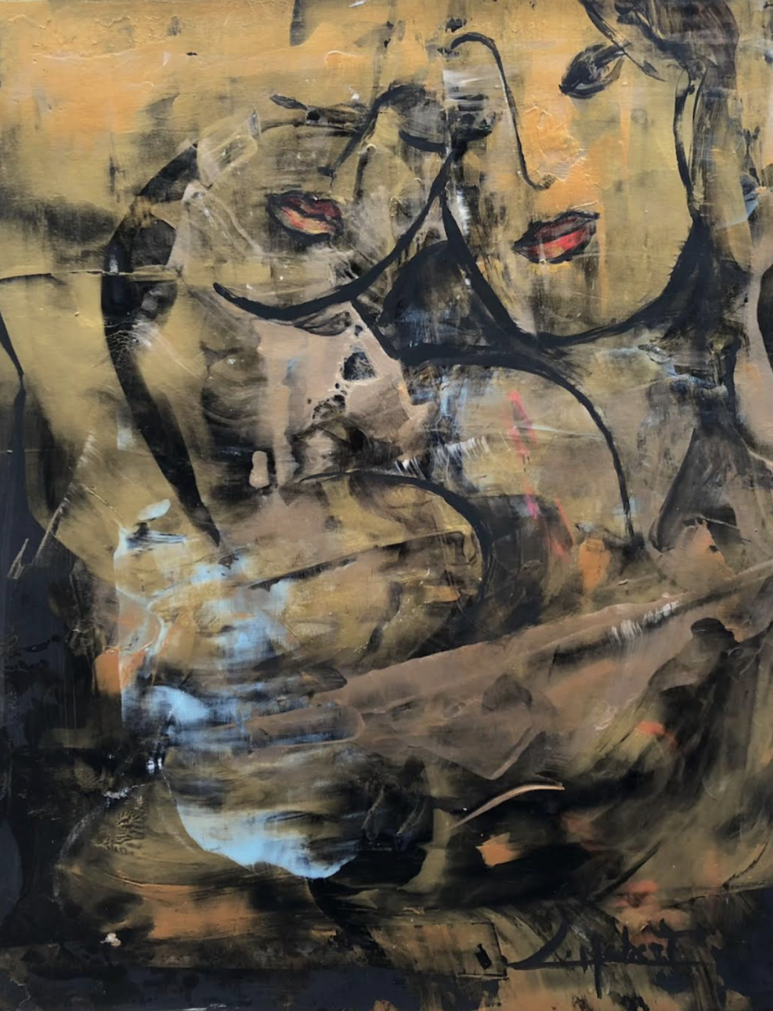Abstract painting with two faces and soft brushstrokes, predominantly in black, brown, and gold tones. The artwork is expressive and uses contrasting light and dark areas.