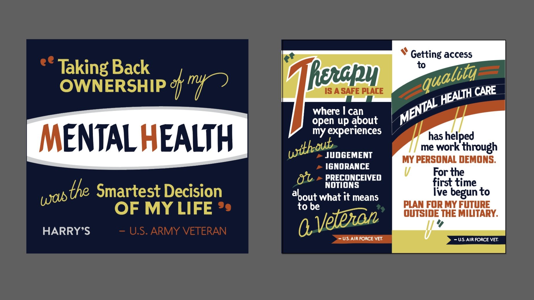  Design for a pamphlet for veterans mental health services, using custom lettering designed by hand and inspired by vintage rations and ammo box lettering, in muted blue, yellow, green, orange, and white 
