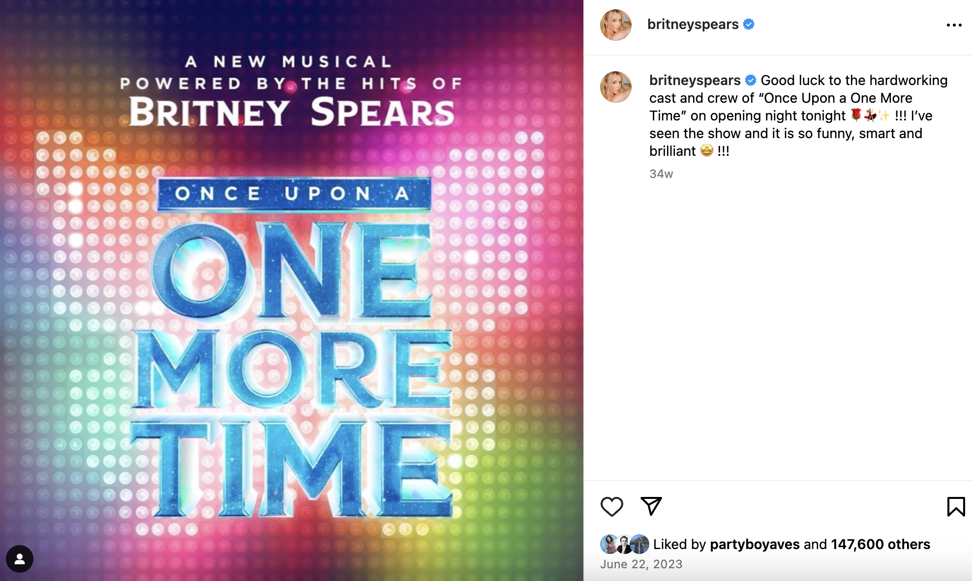 An opening night shoutout from the Princess of Pop, herself, featuring our art and copy.